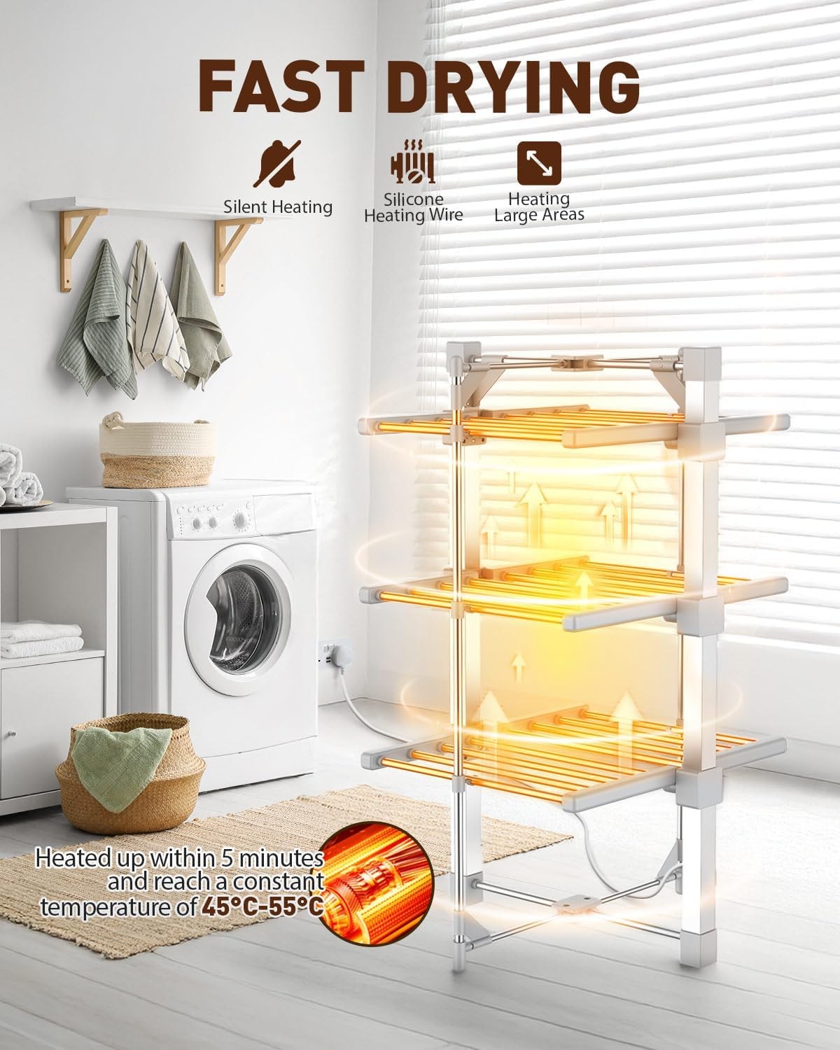 Electric Heated Clothes Airer 3-Tier Dryer Rack with 24 Heated Bars