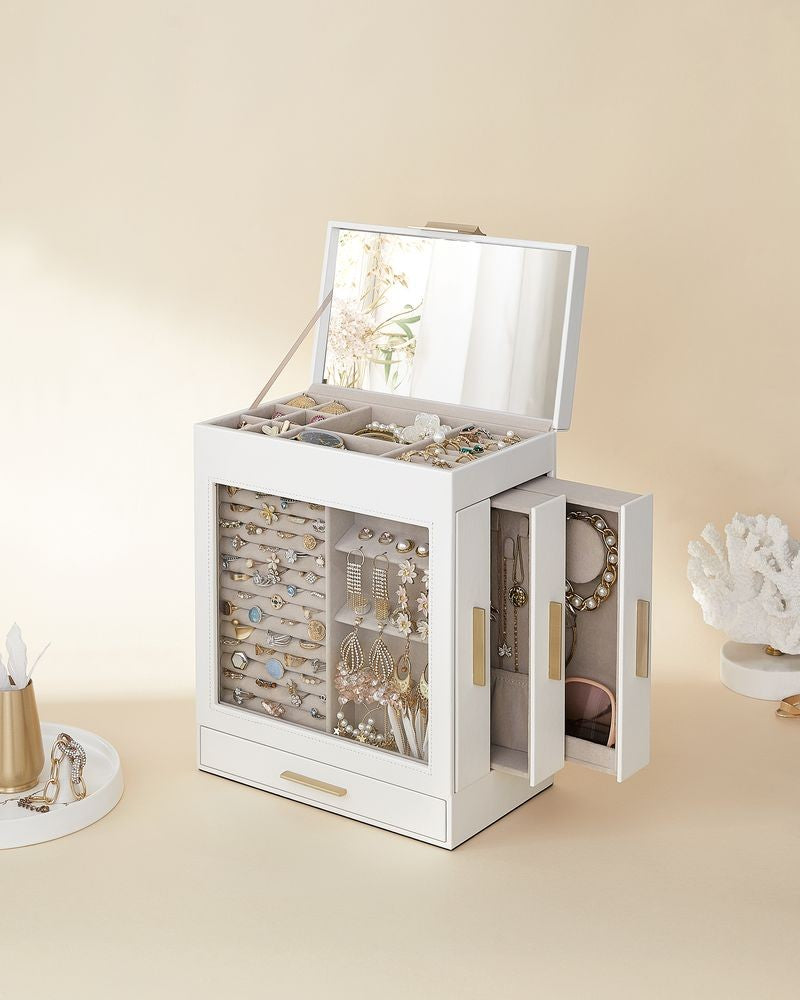 Jewellery Box with Glass Window 5-Layer Jewellery Organiser Gold Cream