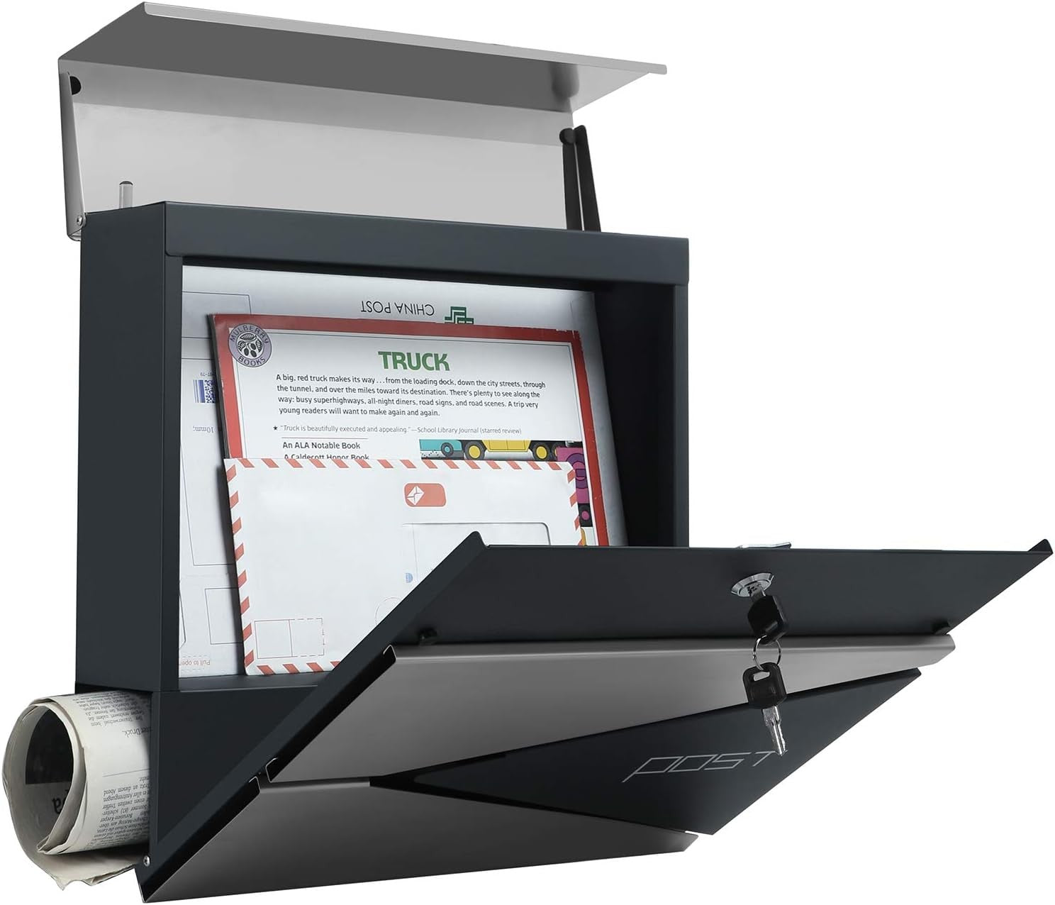 Wall Mounted Post Box w Newspaper Holder Soft Close Charcoal Grey & Silver 2 Key