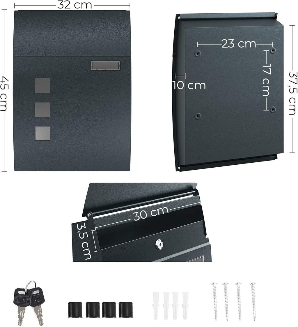 Post Box Steel Wall Mounted with Viewing Windows Name Slot 2 Keys Charcoal Grey