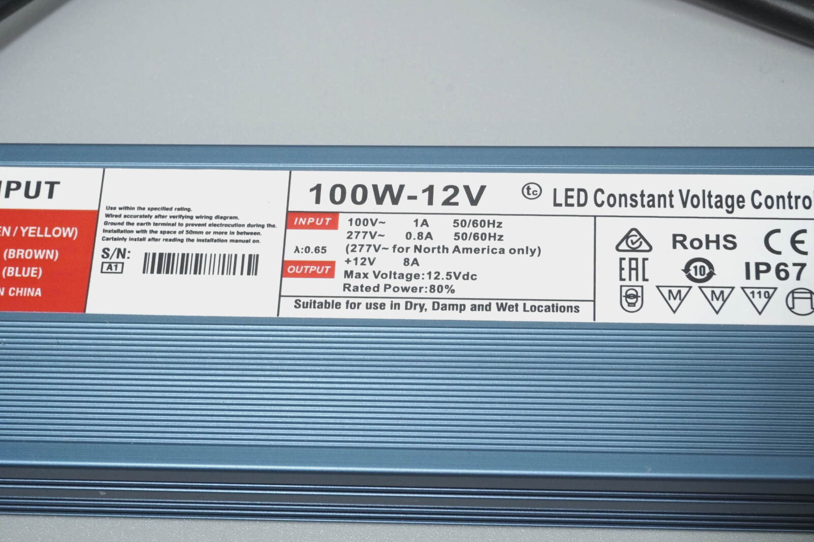 LED Driver 12V 100W 8.3A IP67 Waterproof Ultra Slim AC 240V to 12 V DC Constant