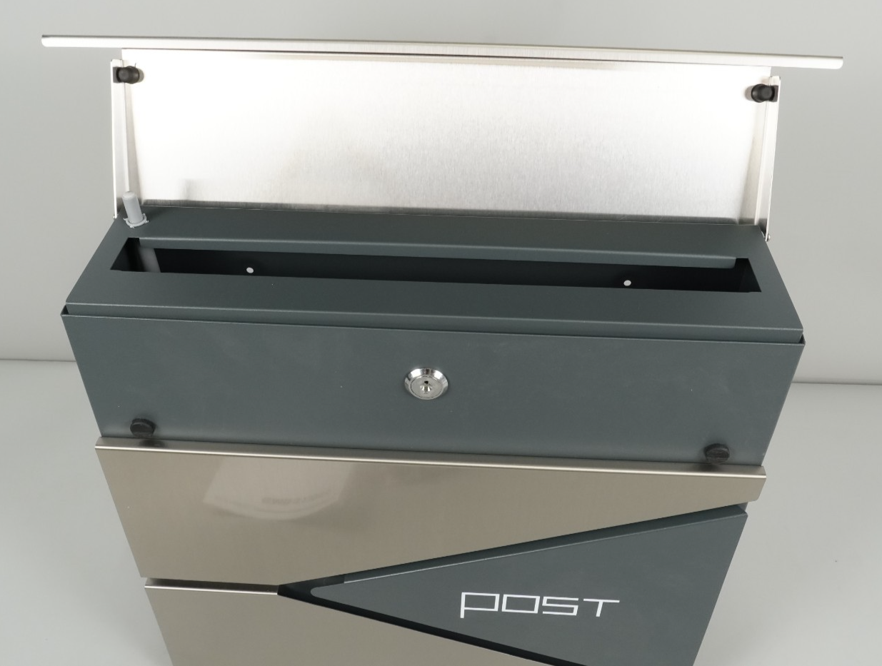 Wall Mounted Post Box w Newspaper Holder Soft Close Charcoal Grey & Silver 2 Key