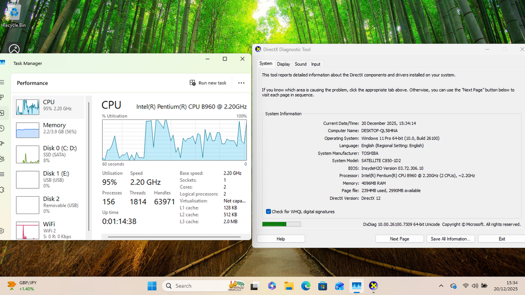Toshiba Satellite C850-1D2, Pentium B960 Dual Core 2.20 GHz, 4GB Ram, 128GB SSD