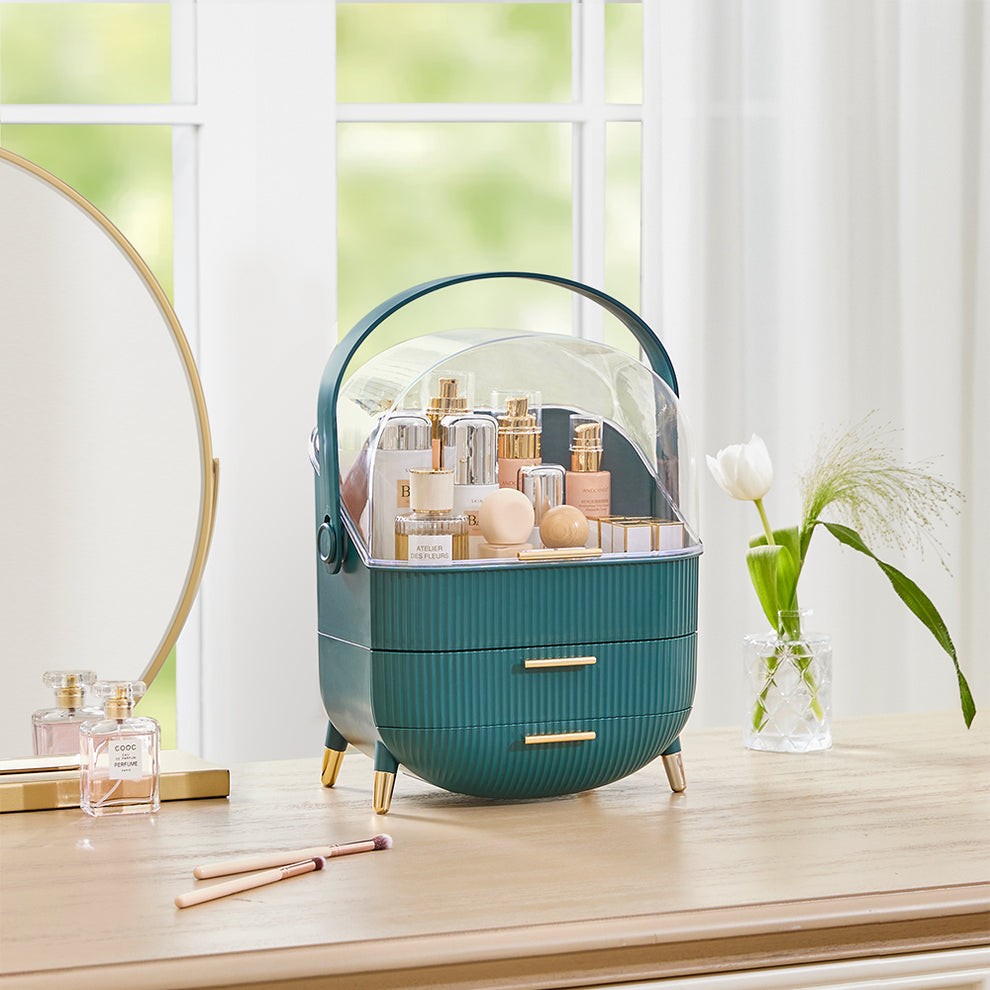 Elegant Makeup Storage Organiser Box Green with Drawers and Handle