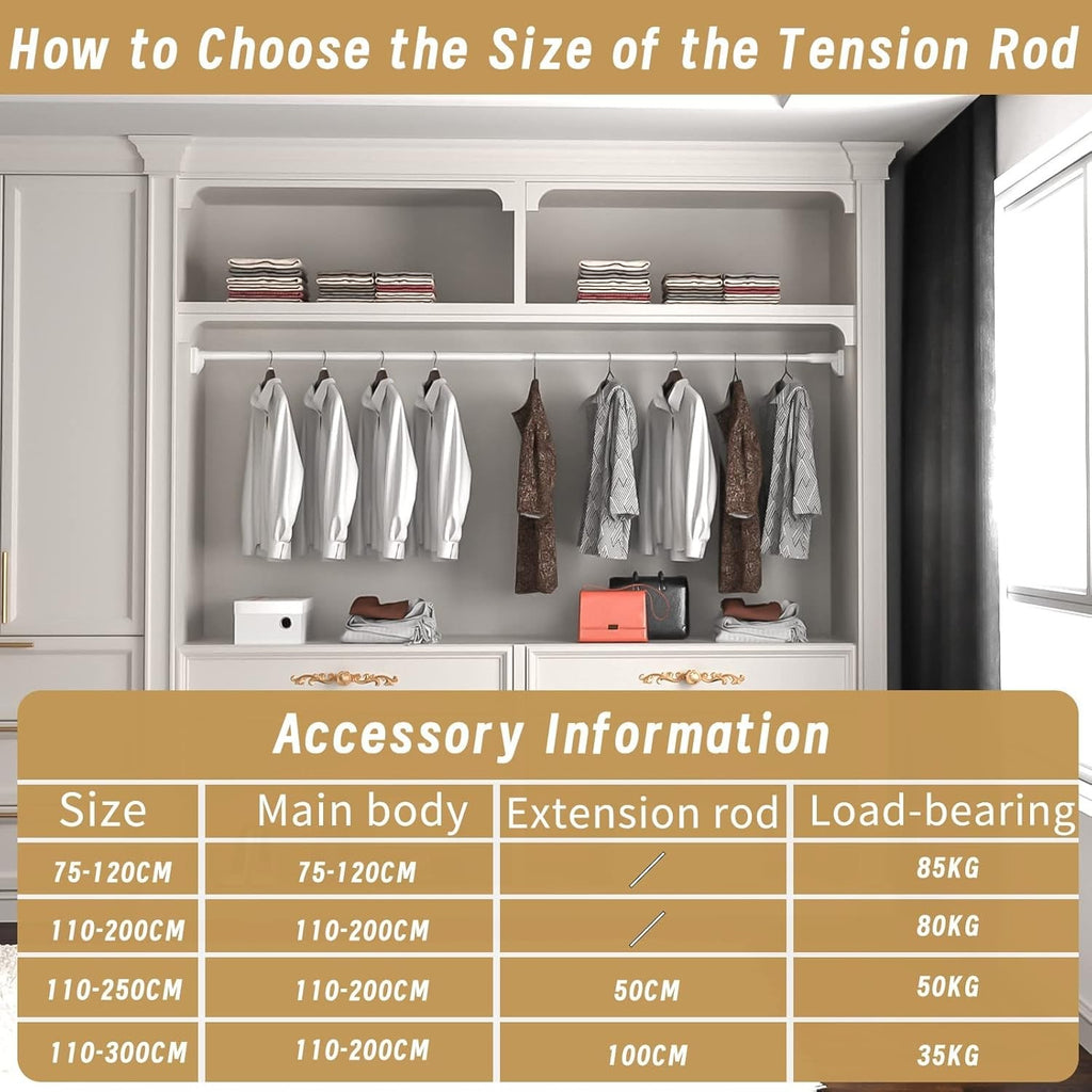 Curtain Telescopic Pole Rod 110-200cm No Drill 35kg Capacity 33mm Steel Rail