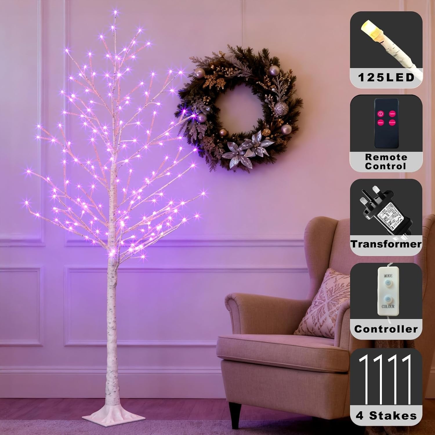 Artificial Lighted Birch Tree 6FT Colour Changing with LED Lights Timer White
