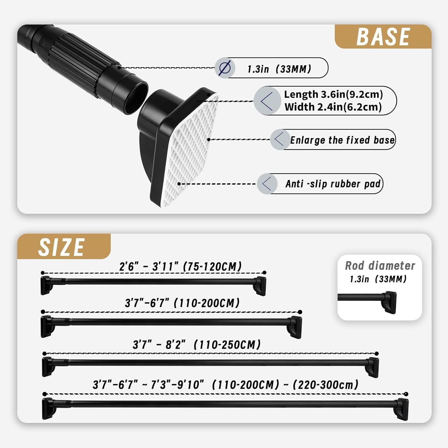 Curtain Telescopic Pole Rod 110-300cm No Drill 35kg Capacity 33mm Steel Rail BK