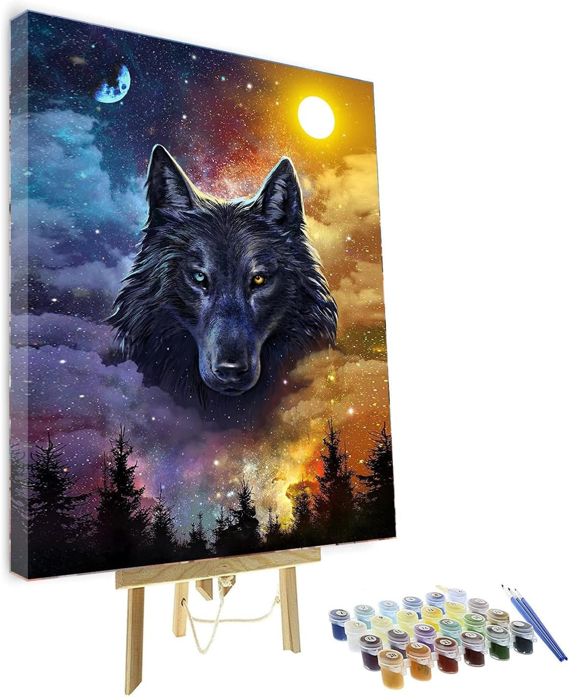 Paint by Numbers Kit Wolf King Under The Stars Painting Canvas, Easel & Brushes