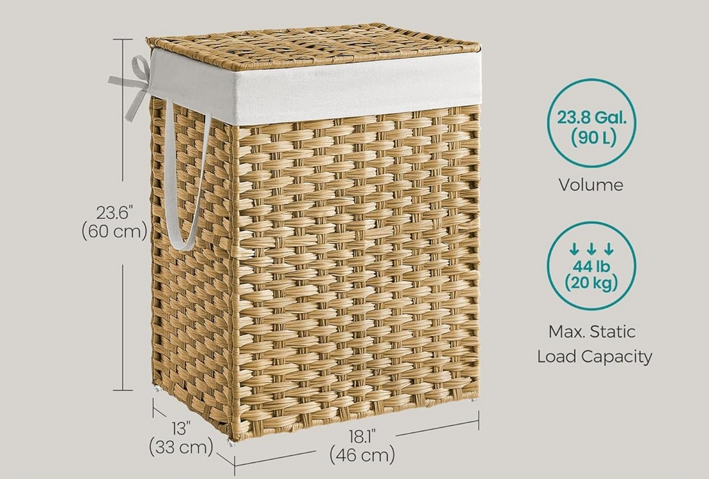 90L Rattan Laundry Hamper with Lid, 23.8 Gallon Synthetic Unit Foldable Removabl