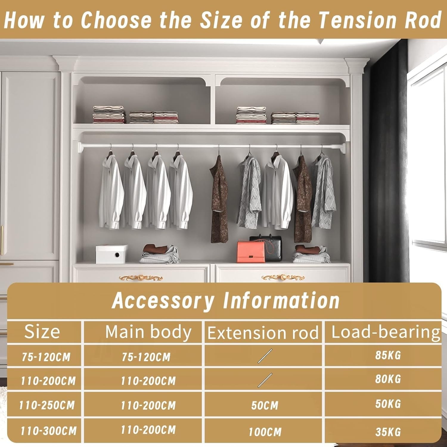 Curtain Telescopic Pole Rod 110-300cm No Drill 35kg Capacity 33mm Steel Rail