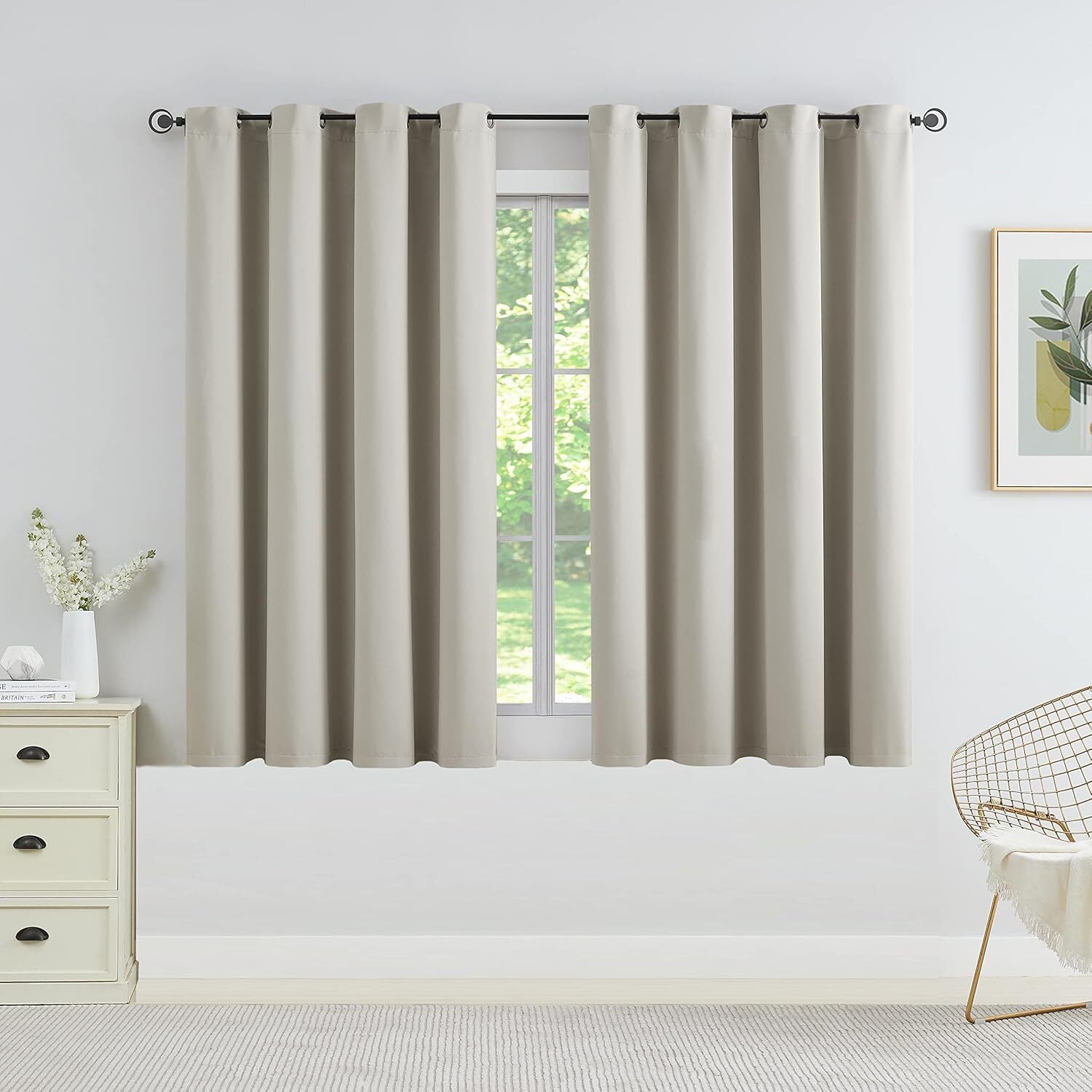 Short Beige Blackout Curtain Solid Putty NoiseReducing Thermal Insulating 46x54"