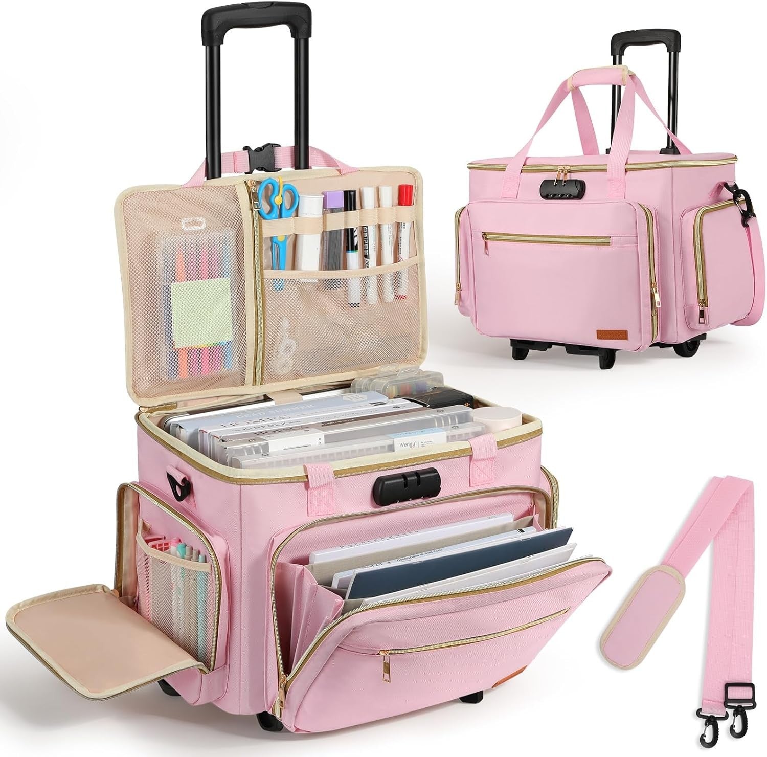Teacher Bag On Wheels Fits 17" Laptop Detachable Trolley Anti Theft Lock Pink