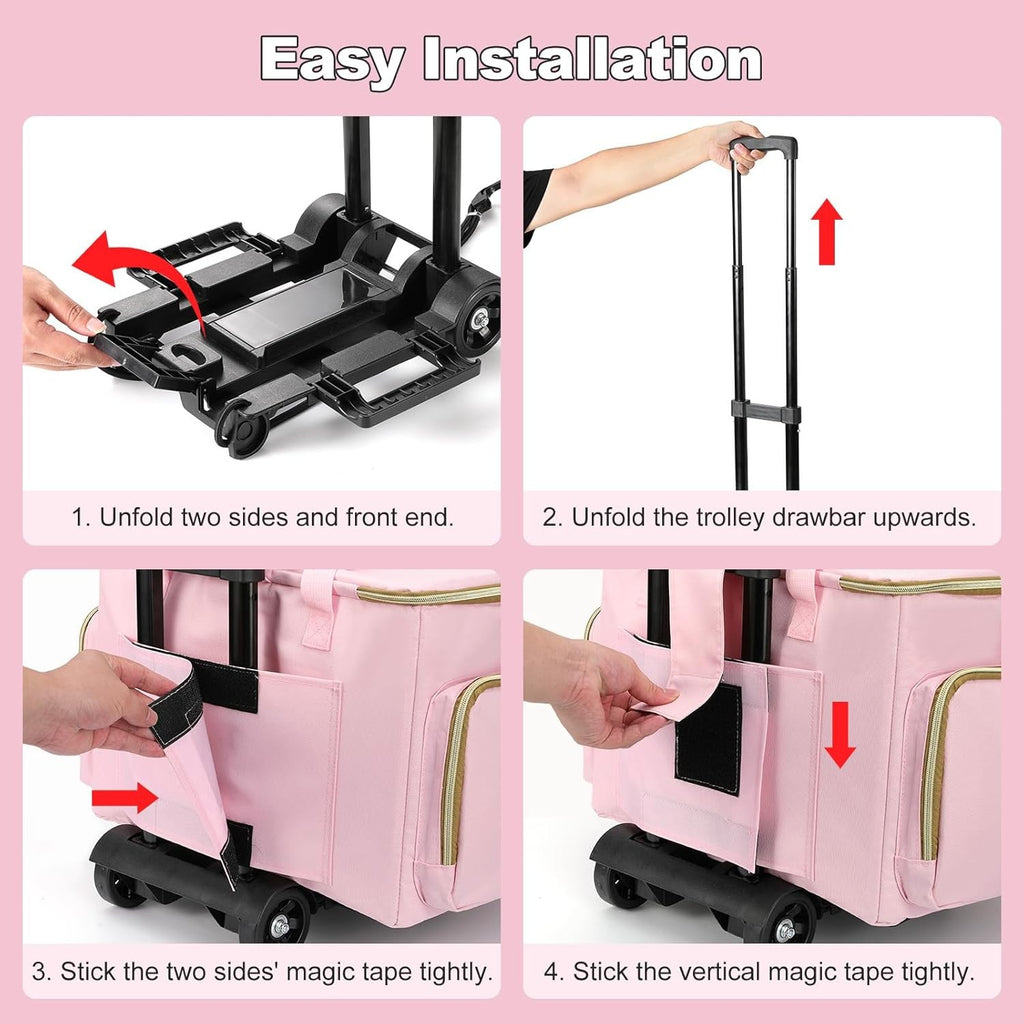 Teacher Bag On Wheels Fits 17" Laptop Detachable Trolley Anti Theft Lock Pink