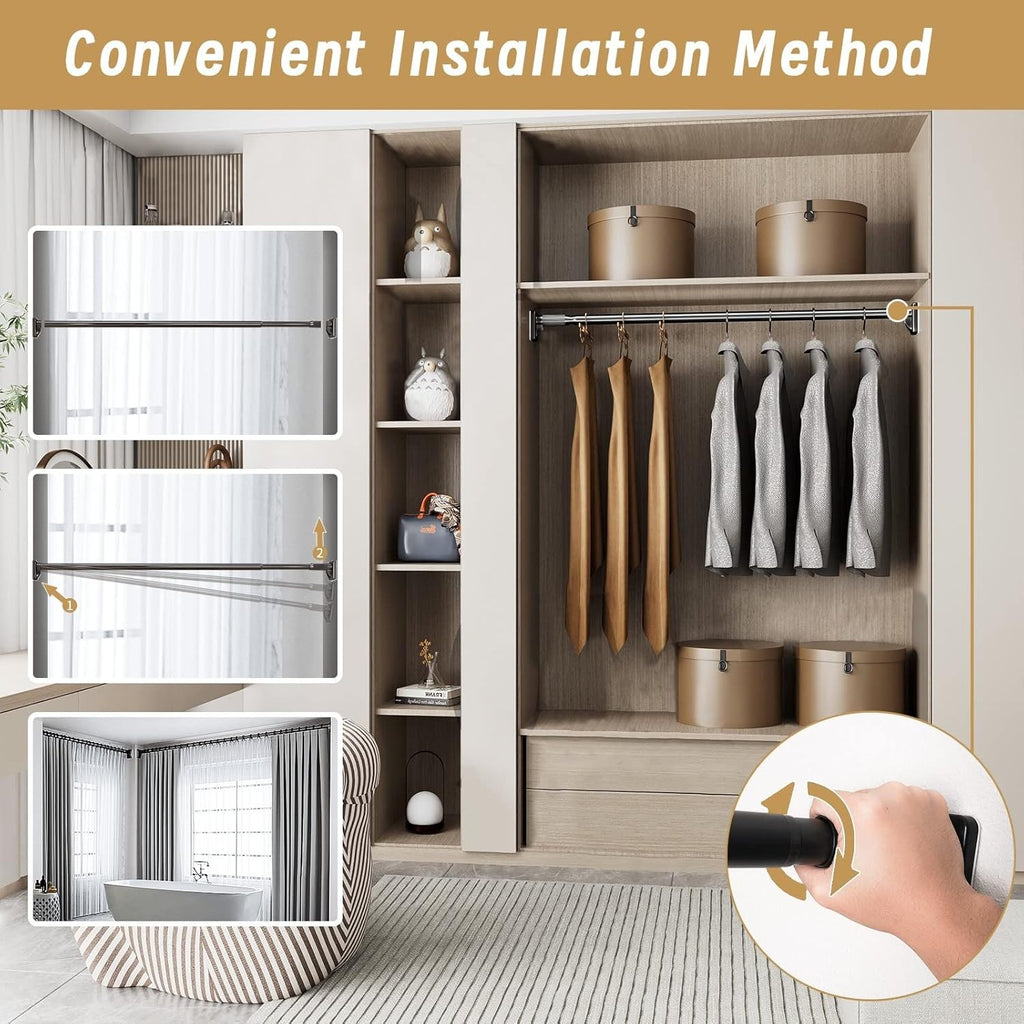 Curtain Telescopic Pole Rod 110-300cm No Drill 35kg Capacity 33mm Steel Rail BK