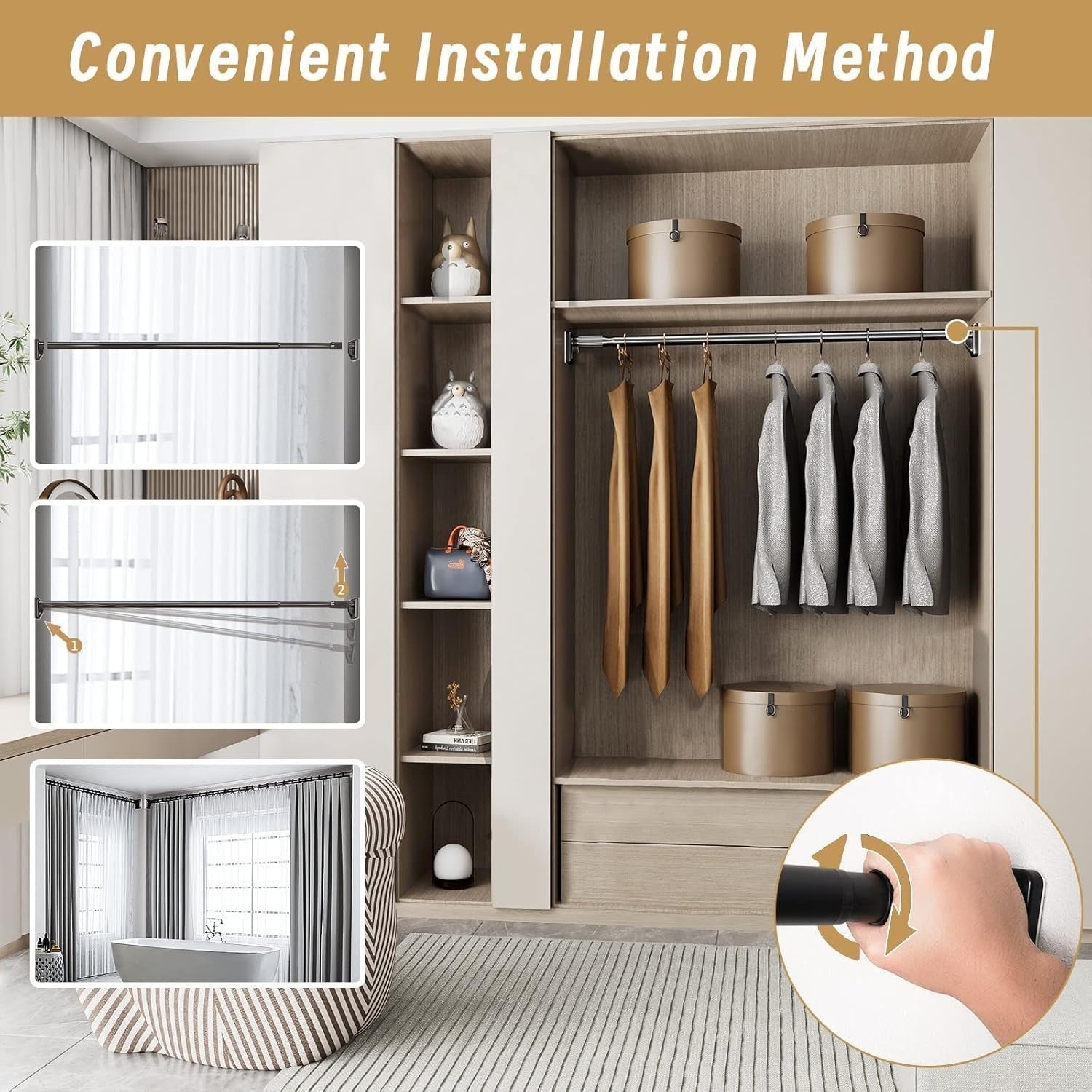 Curtain Telescopic Pole Rod 110-300cm No Drill 35kg Capacity 33mm Steel Rail BK