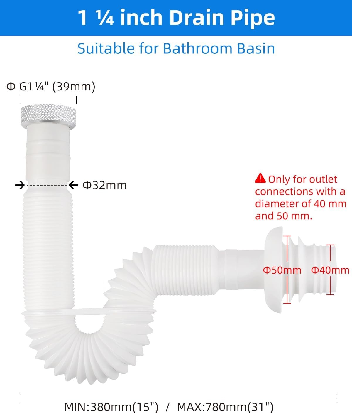 Flexible Waste Pipe 1 1/4" Bathroom Sink Plumbing Parts Odour-Proof Sink Waste