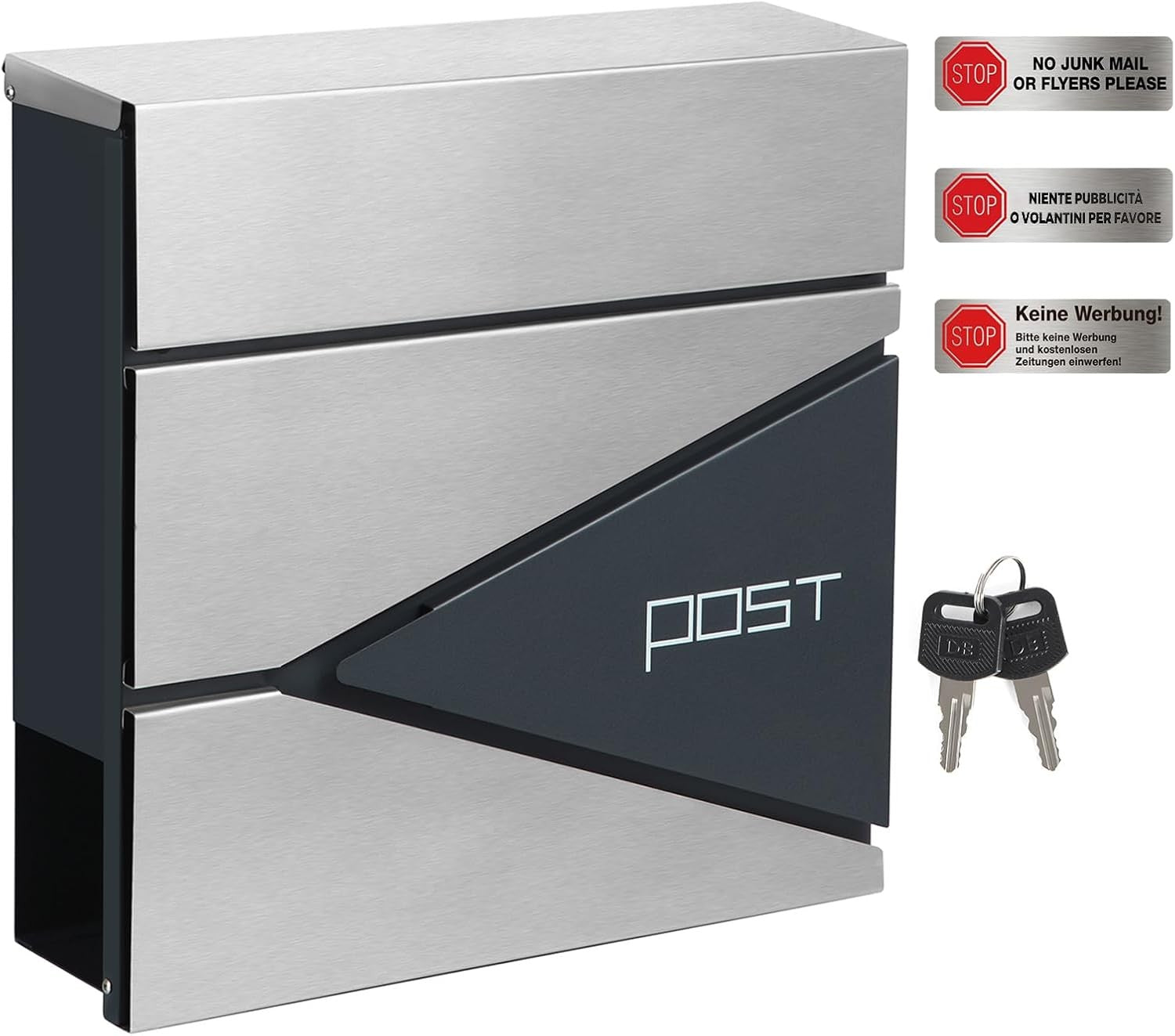 Wall Mounted Post Box w Newspaper Holder Soft Close Charcoal Grey & Silver 2 Key