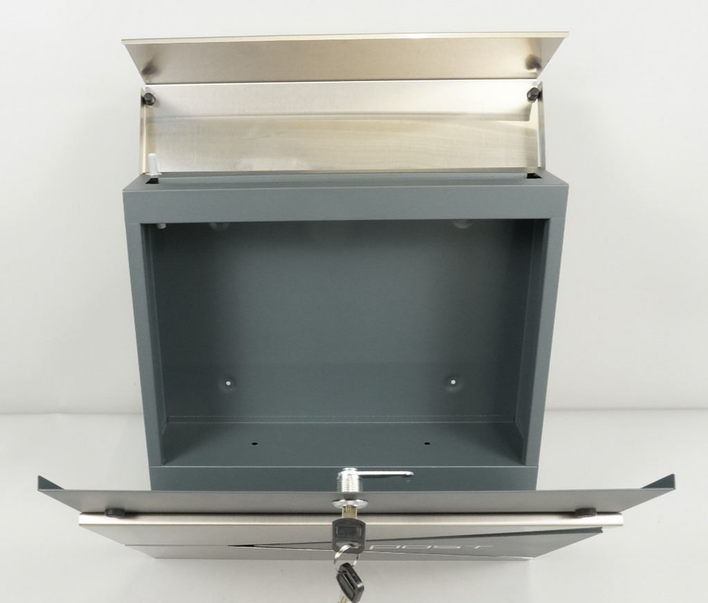 Wall Mounted Post Box w Newspaper Holder Soft Close Charcoal Grey & Silver 2 Key