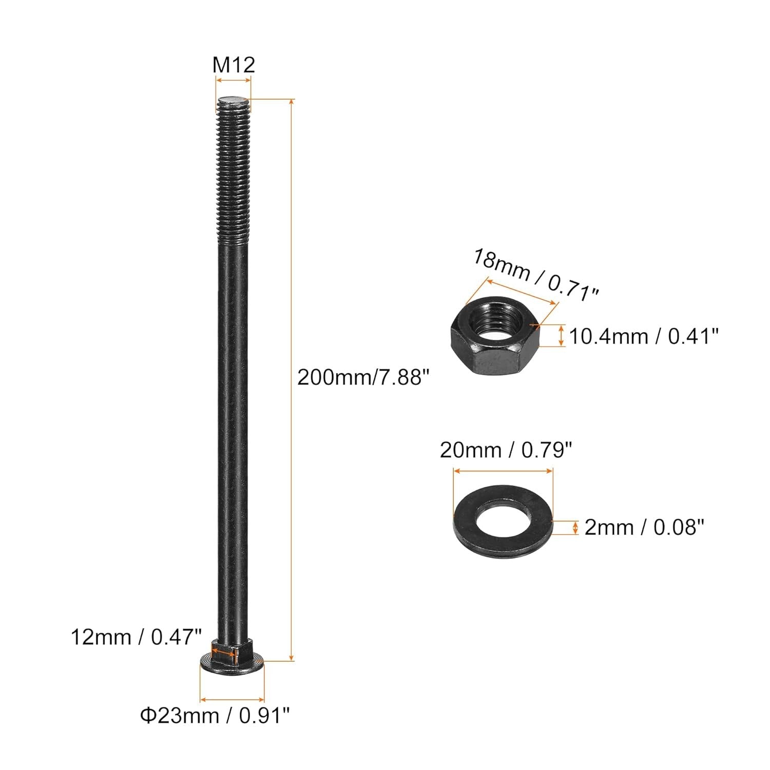 M12x200mm Carriage Bolts with Nuts Washers 12Set 304 Stainless Steel Square Neck