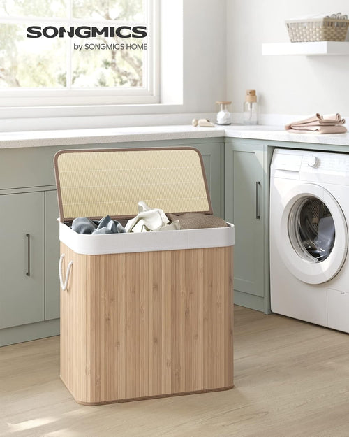 150L Laundry Basket 3 Sorting Compartments Removable Machine Washable Bag Bamboo