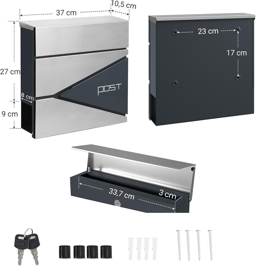 Wall Mounted Post Box w Newspaper Holder Soft Close Charcoal Grey & Silver 2 Key