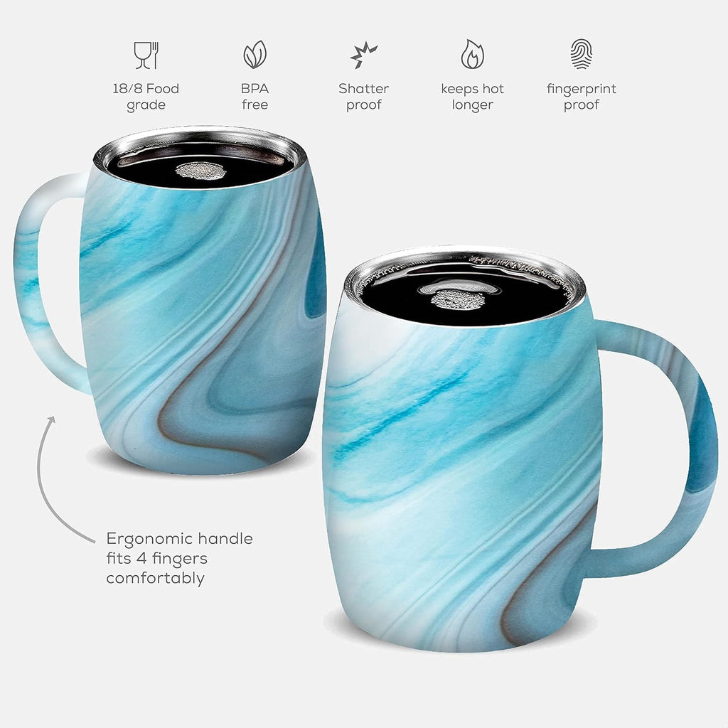 Double Wall Insulated Stainless Steel Mugs 2pcs w Wooden Finish Spill Resistant