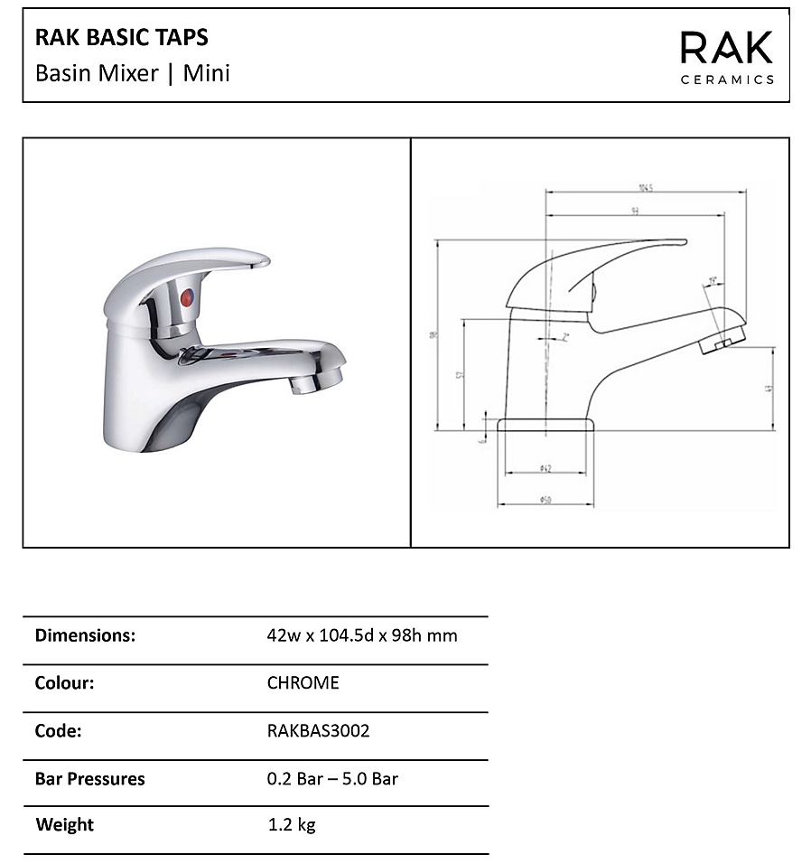 Basic Mini Mono Basin Mixer Tap - Polished Chrome Solid Brass for Cloakrooms RAK