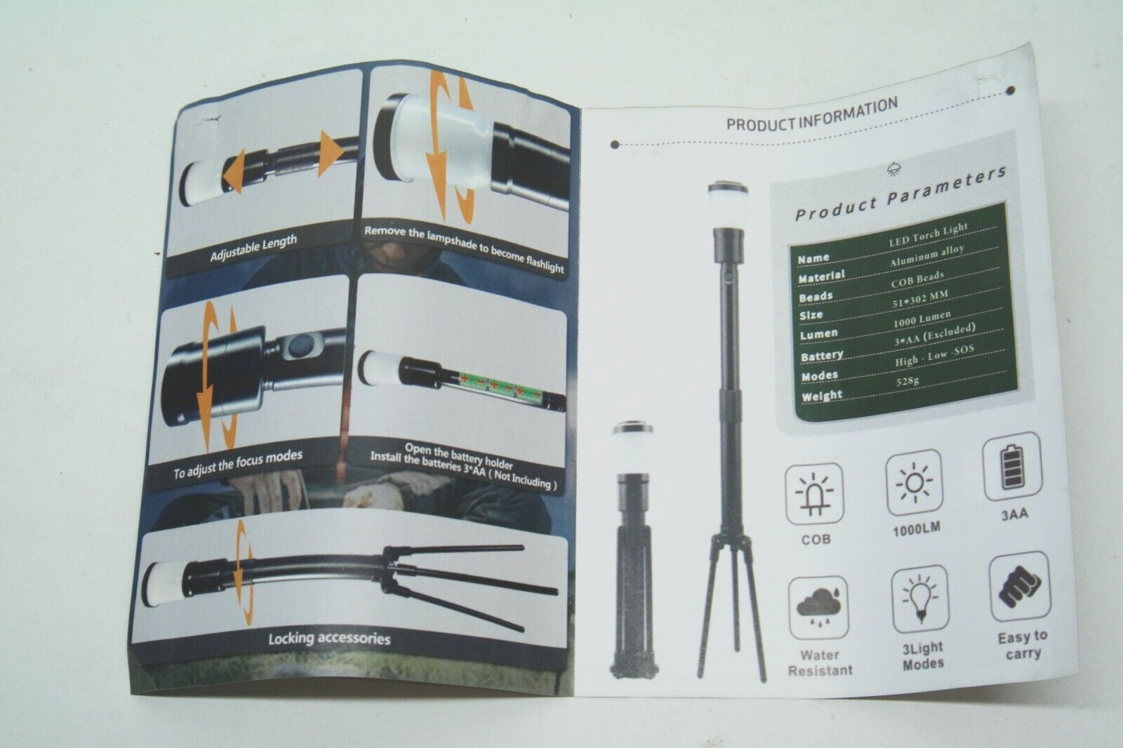 Telescopic Zoomable Light Flashlight Camping 1000 Lumens 3 in 1 IP65 Waterproof