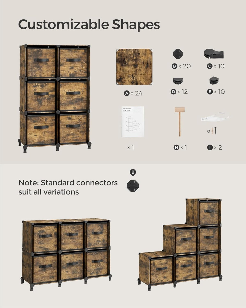 Cube Storage Organiser with 6-Cube Storage Boxes 64x31.5x95.5cm