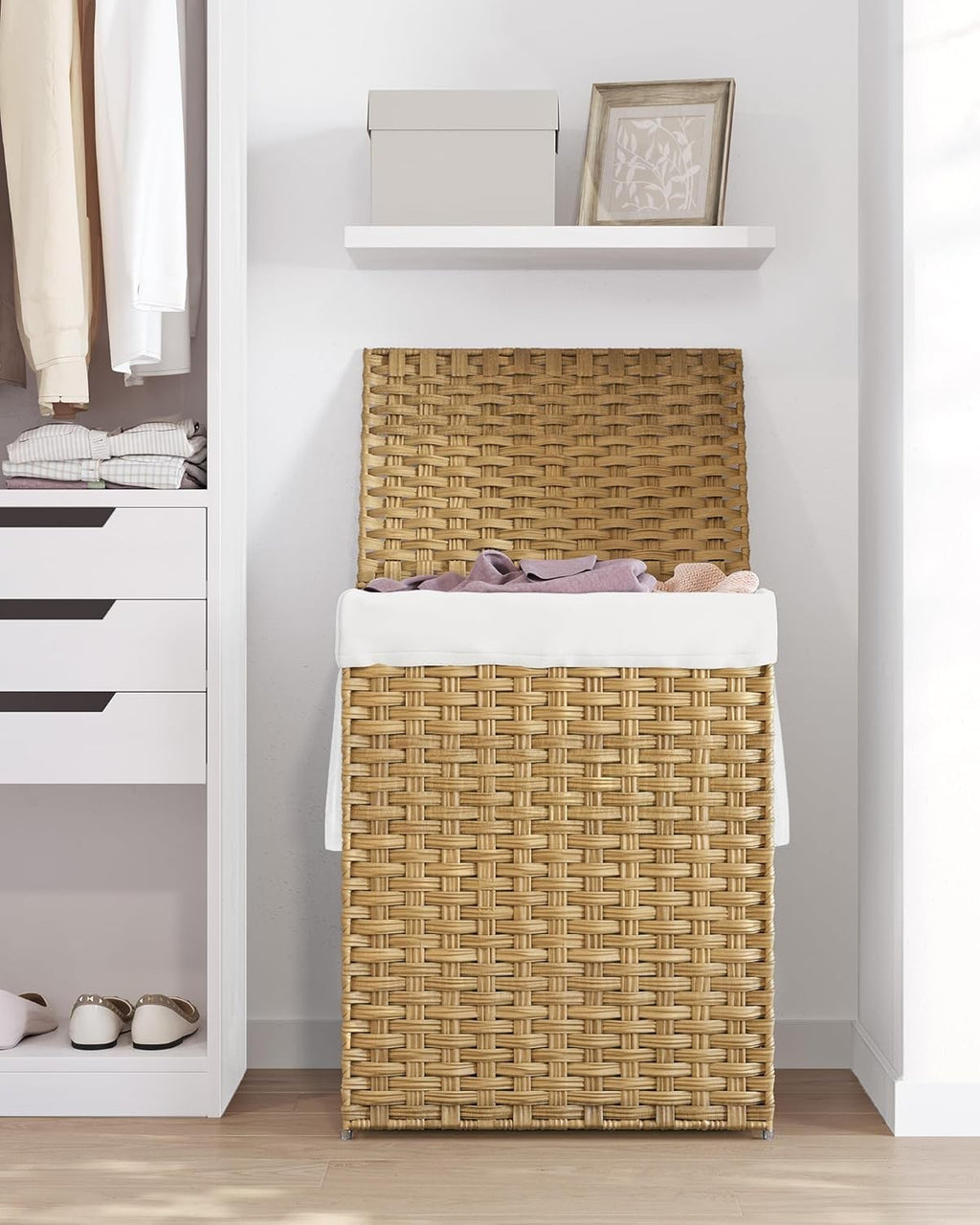 90L Rattan Laundry Hamper with Lid, 23.8 Gallon Synthetic Unit Foldable Removabl