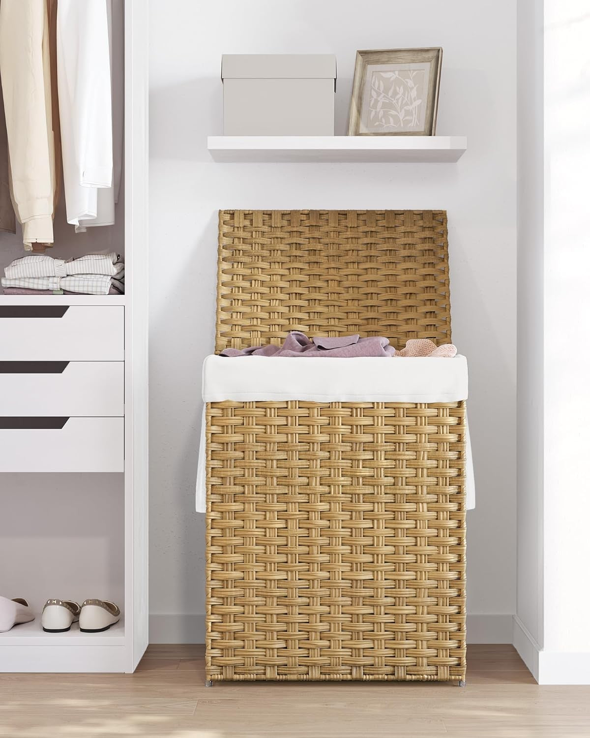 90L Rattan Laundry Hamper with Lid, 23.8 Gallon Synthetic Unit Foldable Removabl