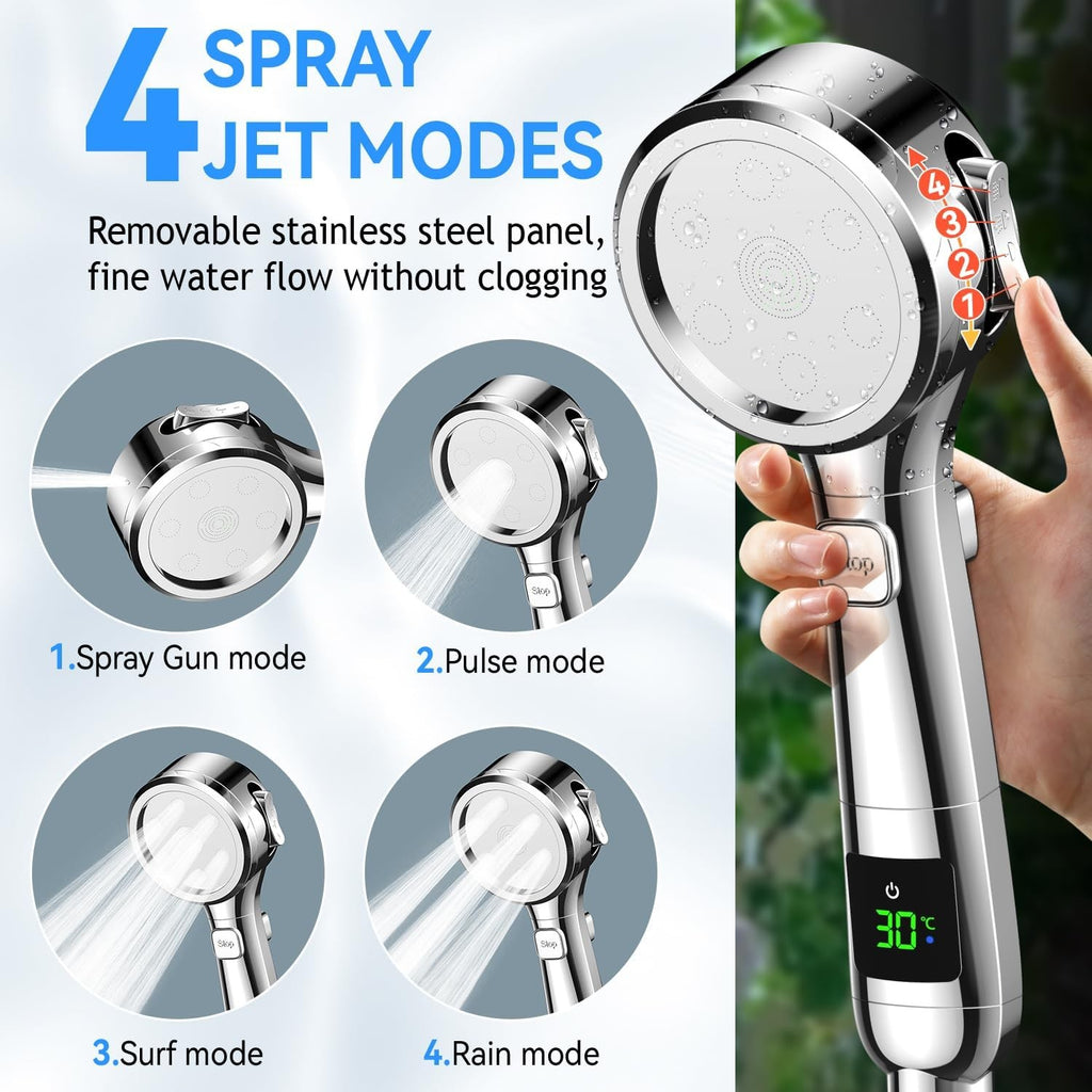 Shower Head Hard Water Filter with 4 Modes Water Temperature Display 1.5M Hose