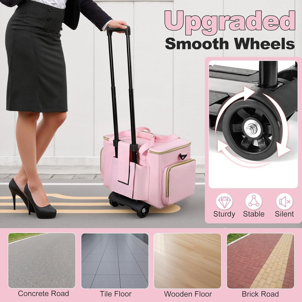 Teacher Bag On Wheels Fits 17" Laptop Detachable Trolley Anti Theft Lock Pink