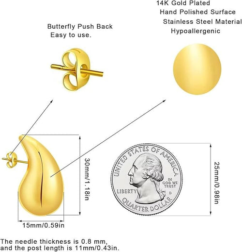 18K Earrings Dupes Chunky Teardrop Waterdrop Woman's Lightweight Hypoallergenic