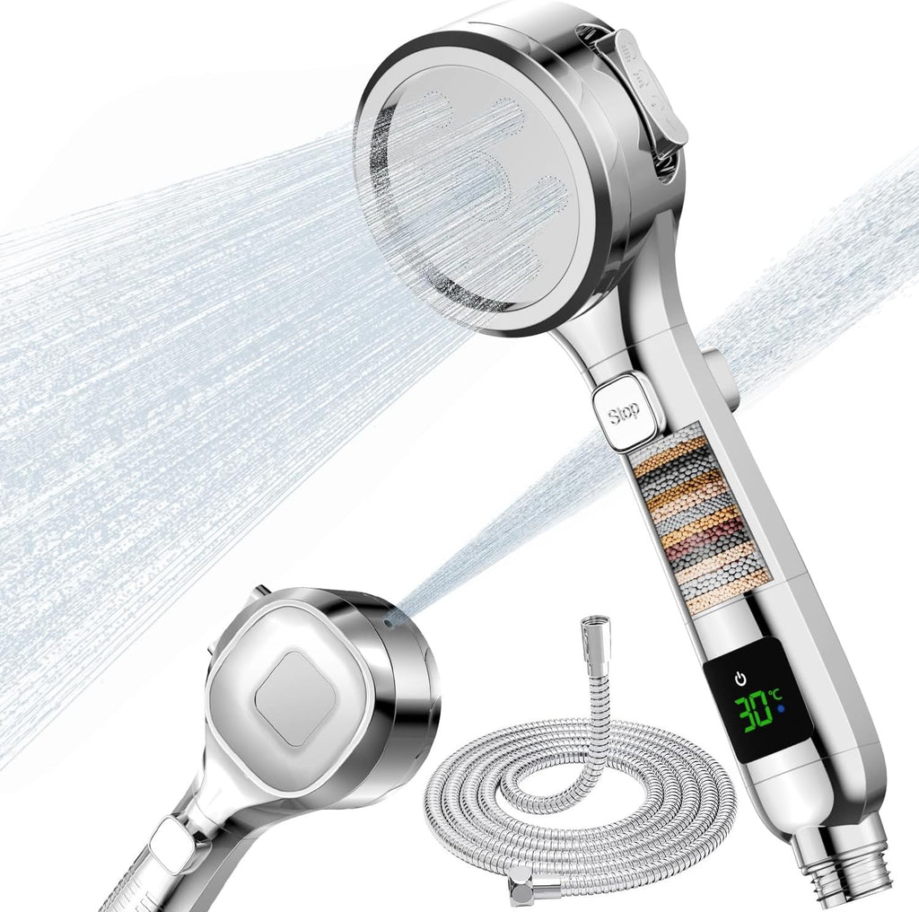 Shower Head Hard Water Filter with 4 Modes Water Temperature Display 1.5M Hose