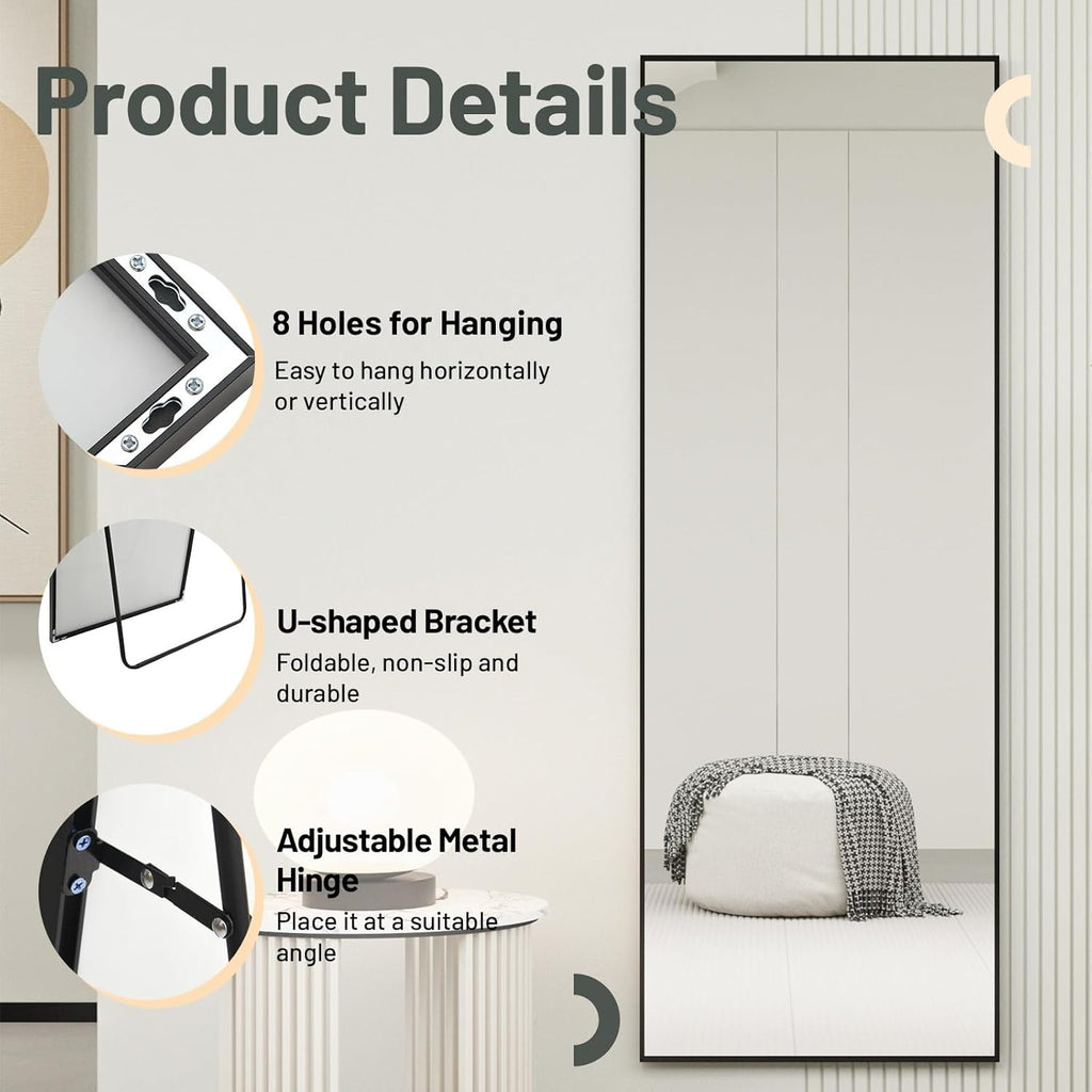 Full Length Mirror 140x50cm Free Standing Floor Mirror Black Aluminum Frame