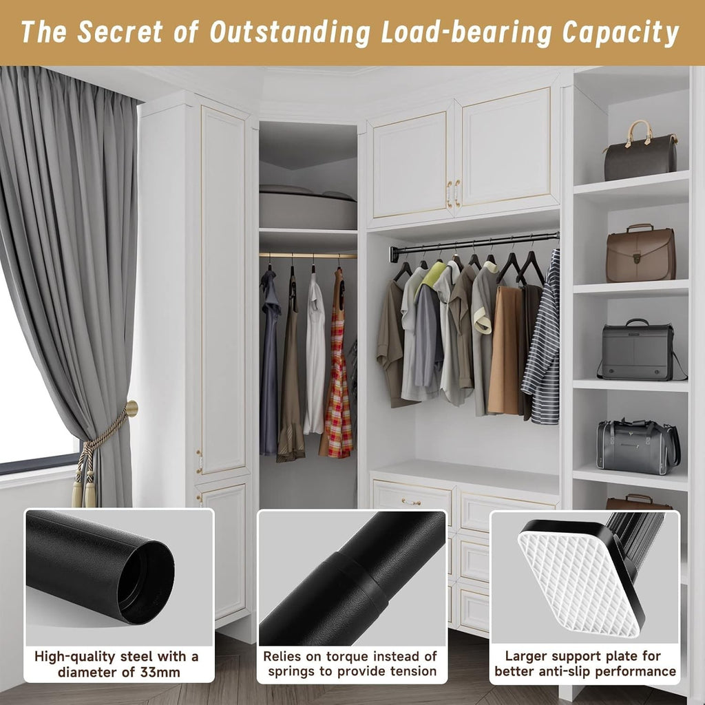 Curtain Telescopic Pole Rod 110-300cm No Drill 35kg Capacity 33mm Steel Rail BK