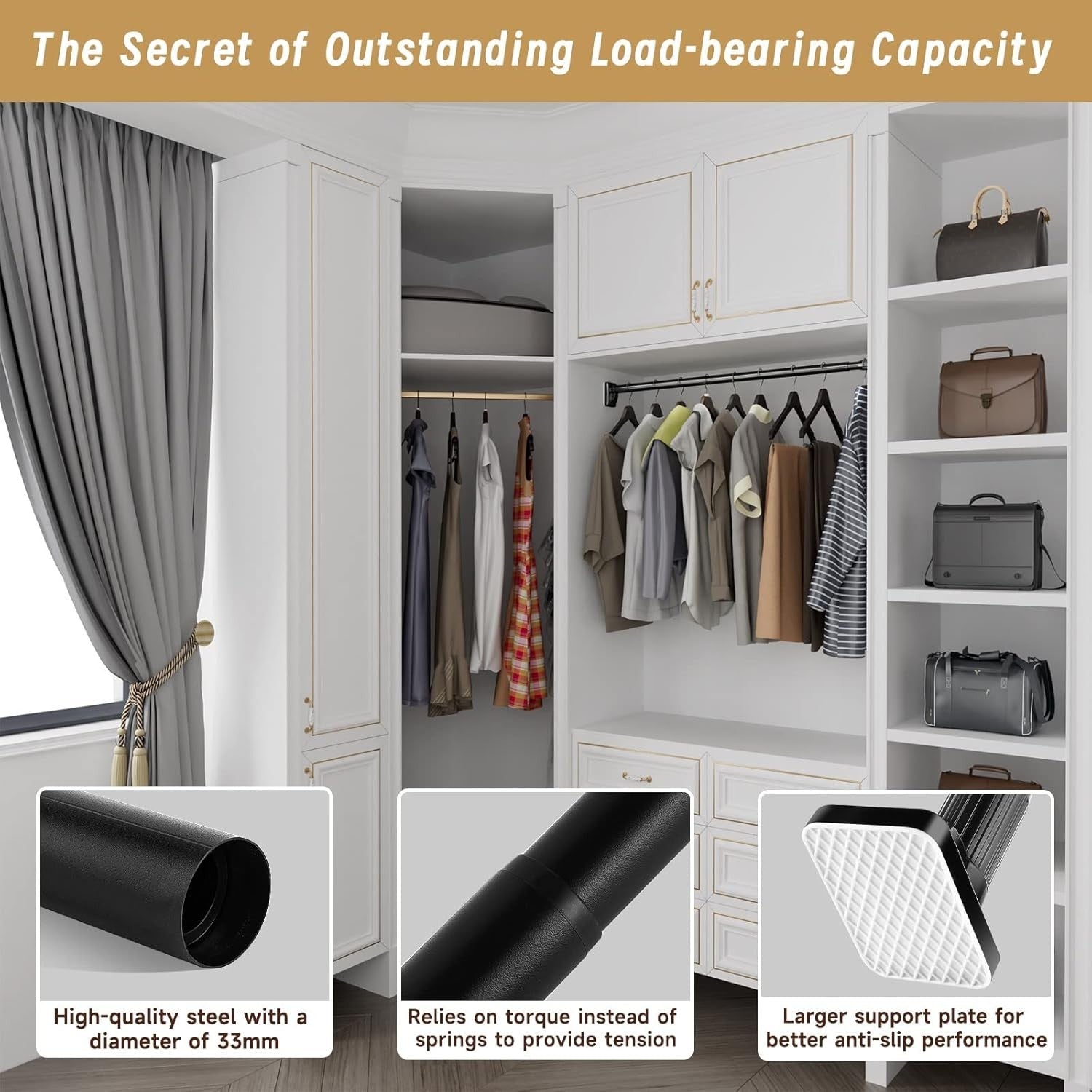 Curtain Telescopic Pole Rod 110-300cm No Drill 35kg Capacity 33mm Steel Rail BK