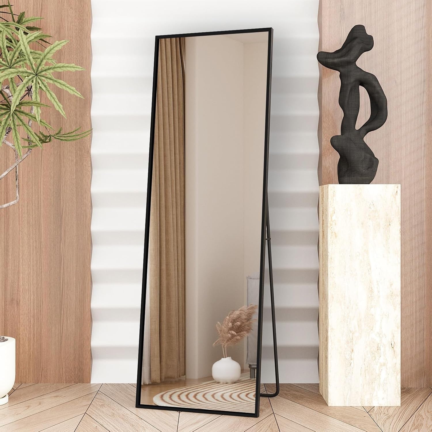 Full Length Mirror 140x50cm Free Standing Floor Mirror Black Aluminum Frame