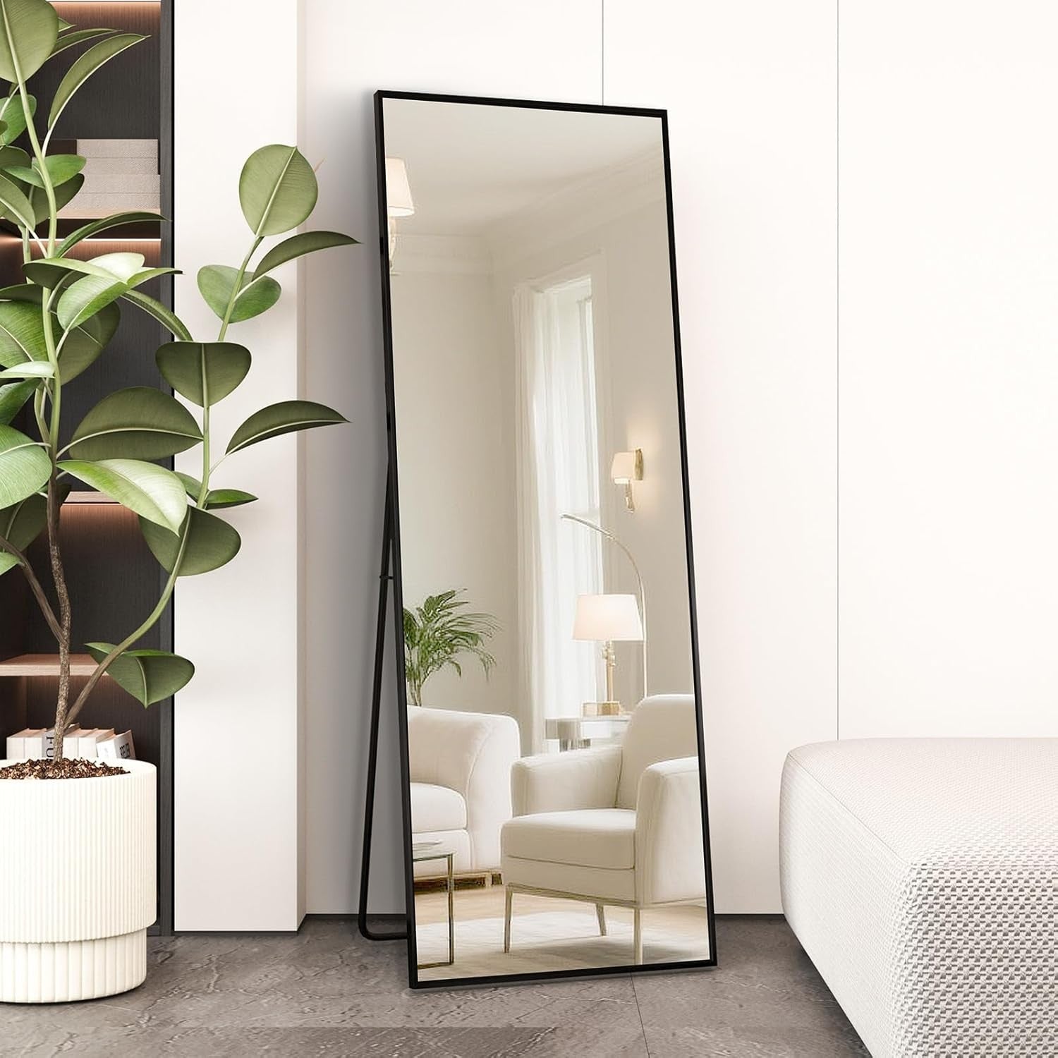 Full Length Mirror 140x50cm Free Standing Floor Mirror Black Aluminum Frame