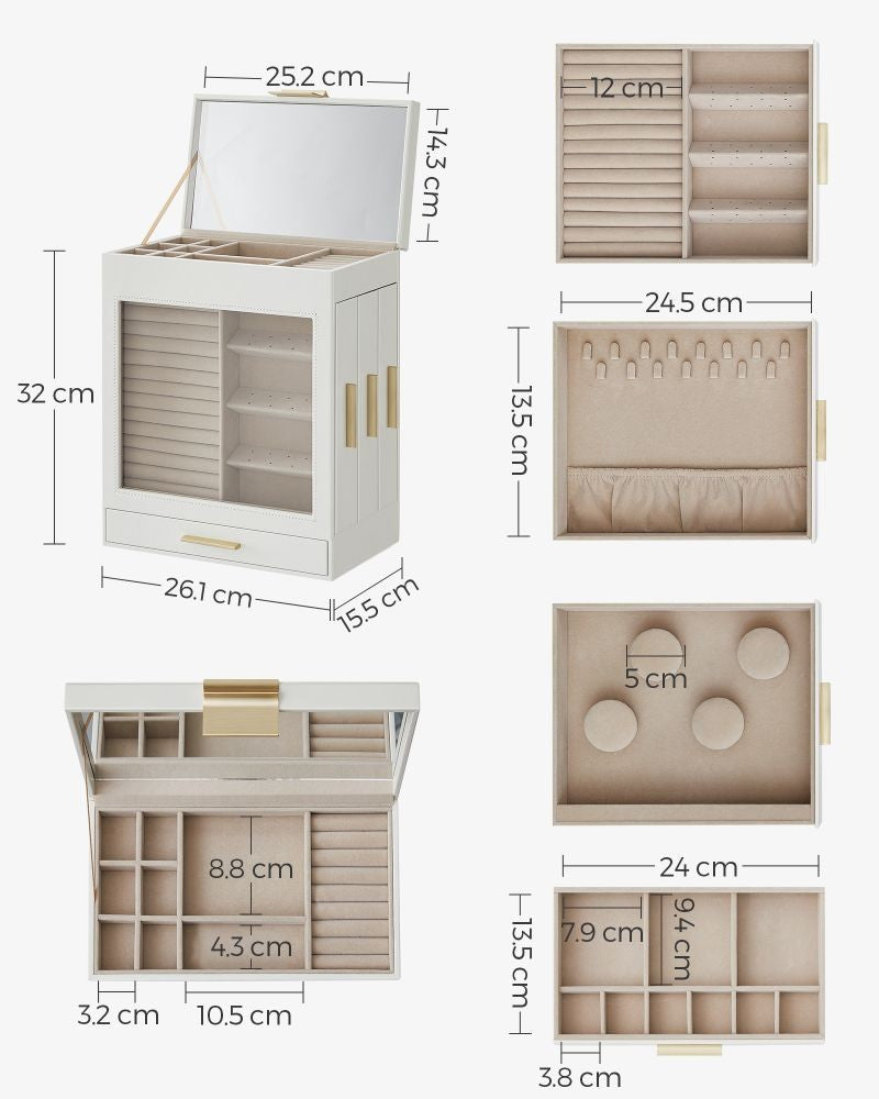 Jewellery Box with Glass Window 5-Layer Jewellery Organiser Gold Cream