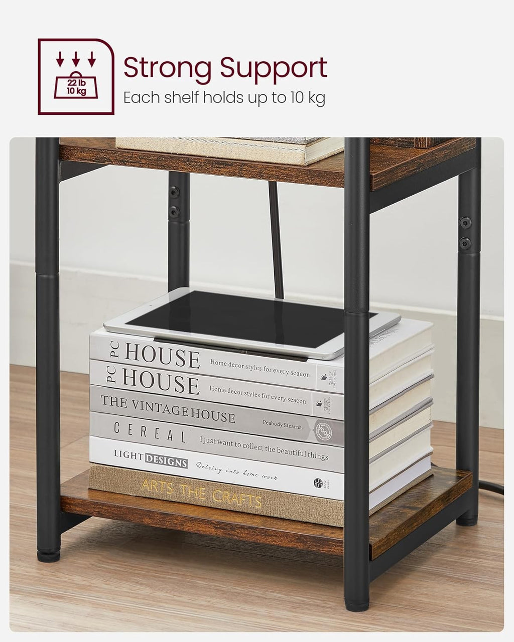 Charging Station Side Table Slim Narrow Bedside Table w 2 AC Outlets & 2 USB