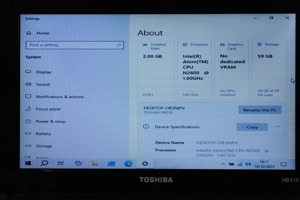 Toshiba NB510, Atom N2600 1.60GHz, 2GB Ram, 64GB SSD, Windows 10, NO CHARGER