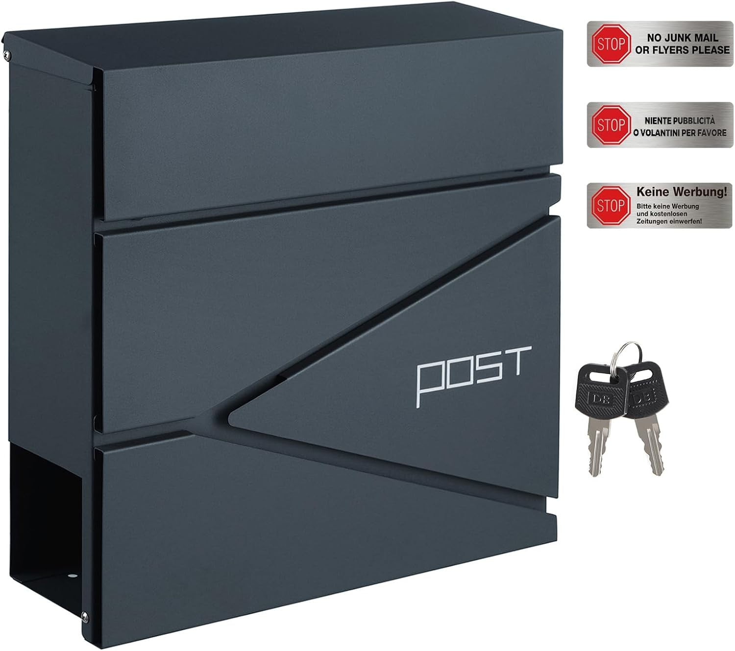 Letter Box Mailbox Wall Mounted with Newspaper Holder, 2 Keys, Modern GMB051G02