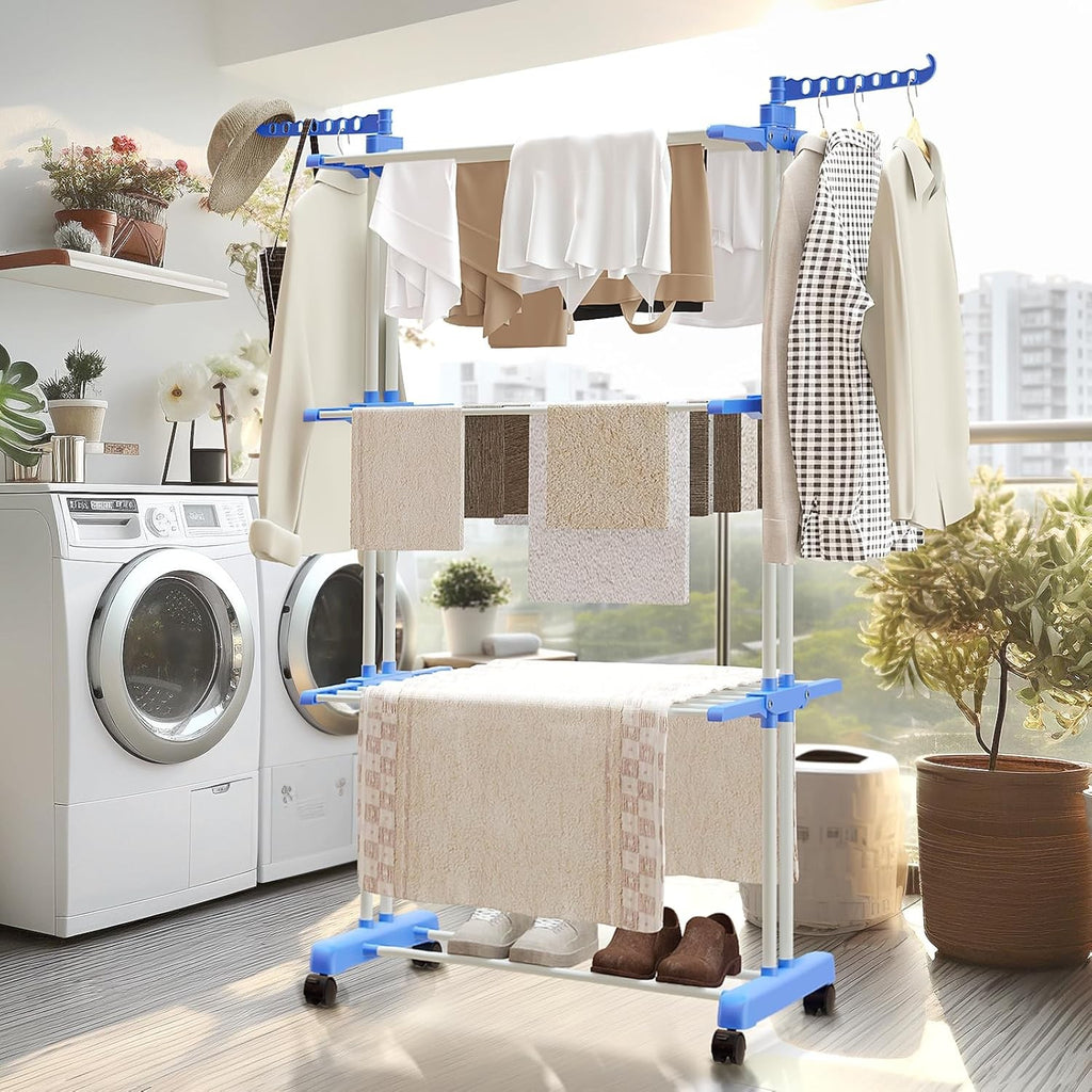 Adjustable Rolling Laundry Hanger, Foldable Wings Large Steel Garment Dryer 3 ti