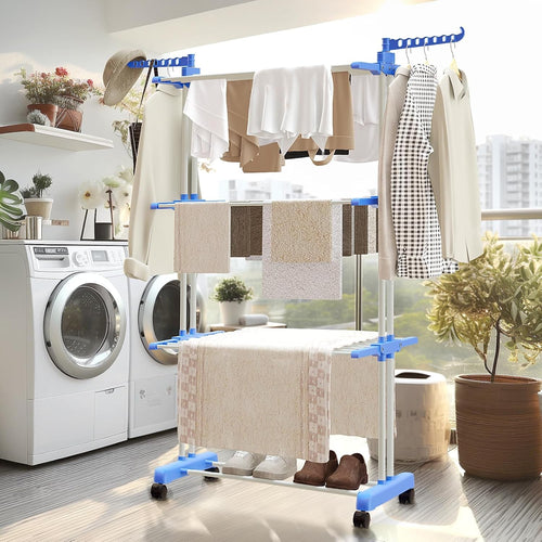 Adjustable Rolling Laundry Hanger, Foldable Wings Large Steel Garment Dryer 3 ti