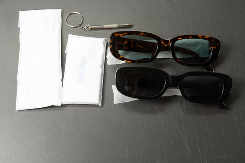 2pc Dollger Rectangle Sunglasses UV400 Retro Narrow Shades Black & Tortoiseshell