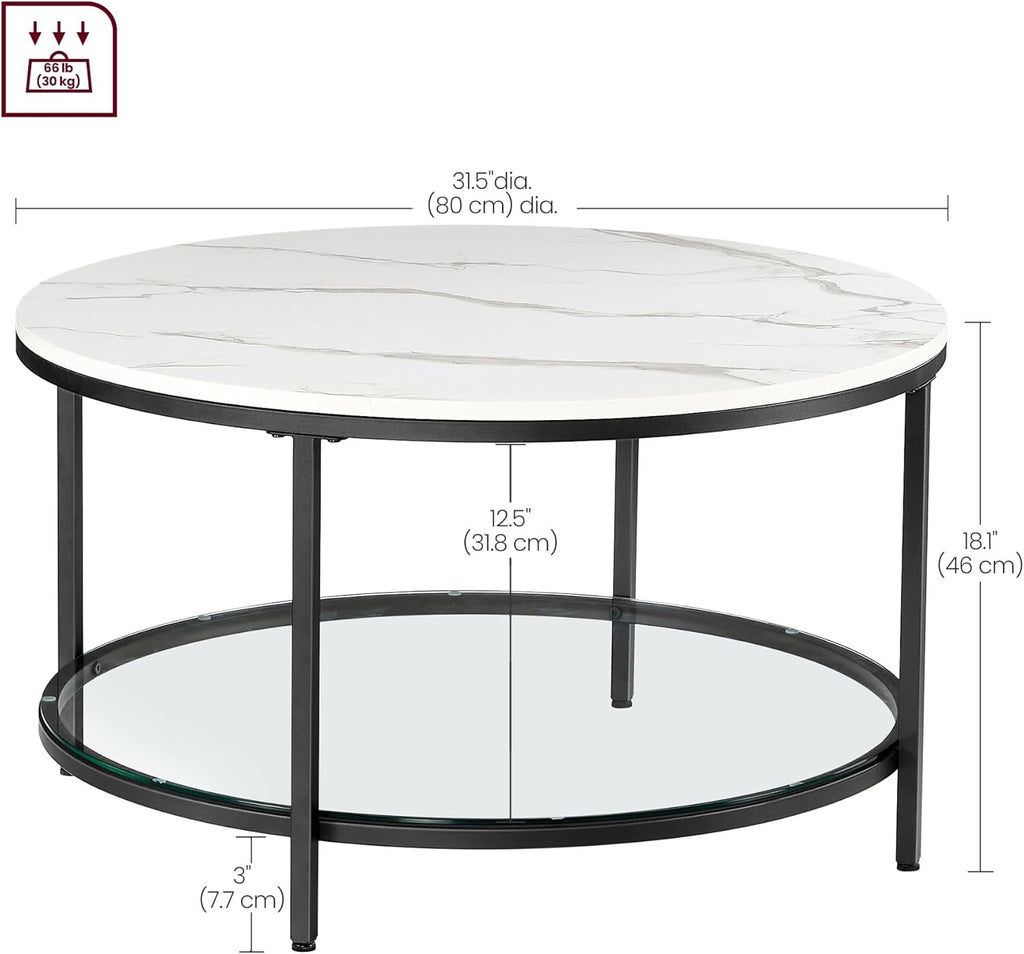 Coffee Table Marble Style Living Room Table Tempered Glass Modern Black Frame