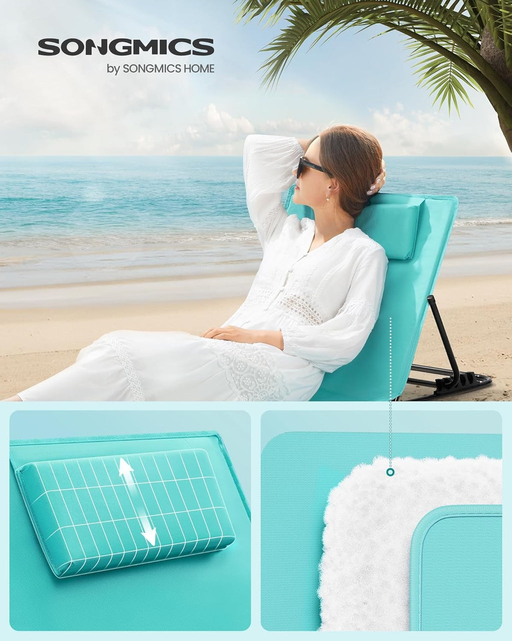 Beach Chair Sun Lounger Reclining Backrest Portable with Shoulder Straps Camping