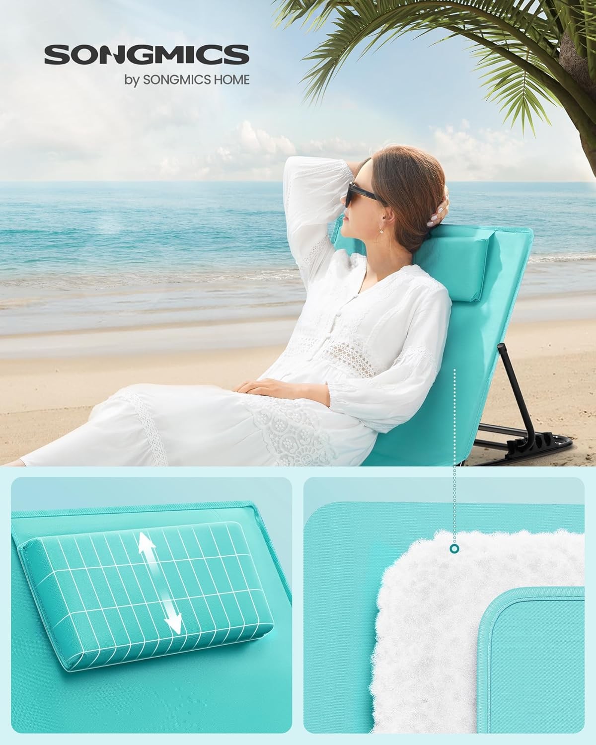 Beach Chair Sun Lounger Reclining Backrest Portable with Shoulder Straps Camping